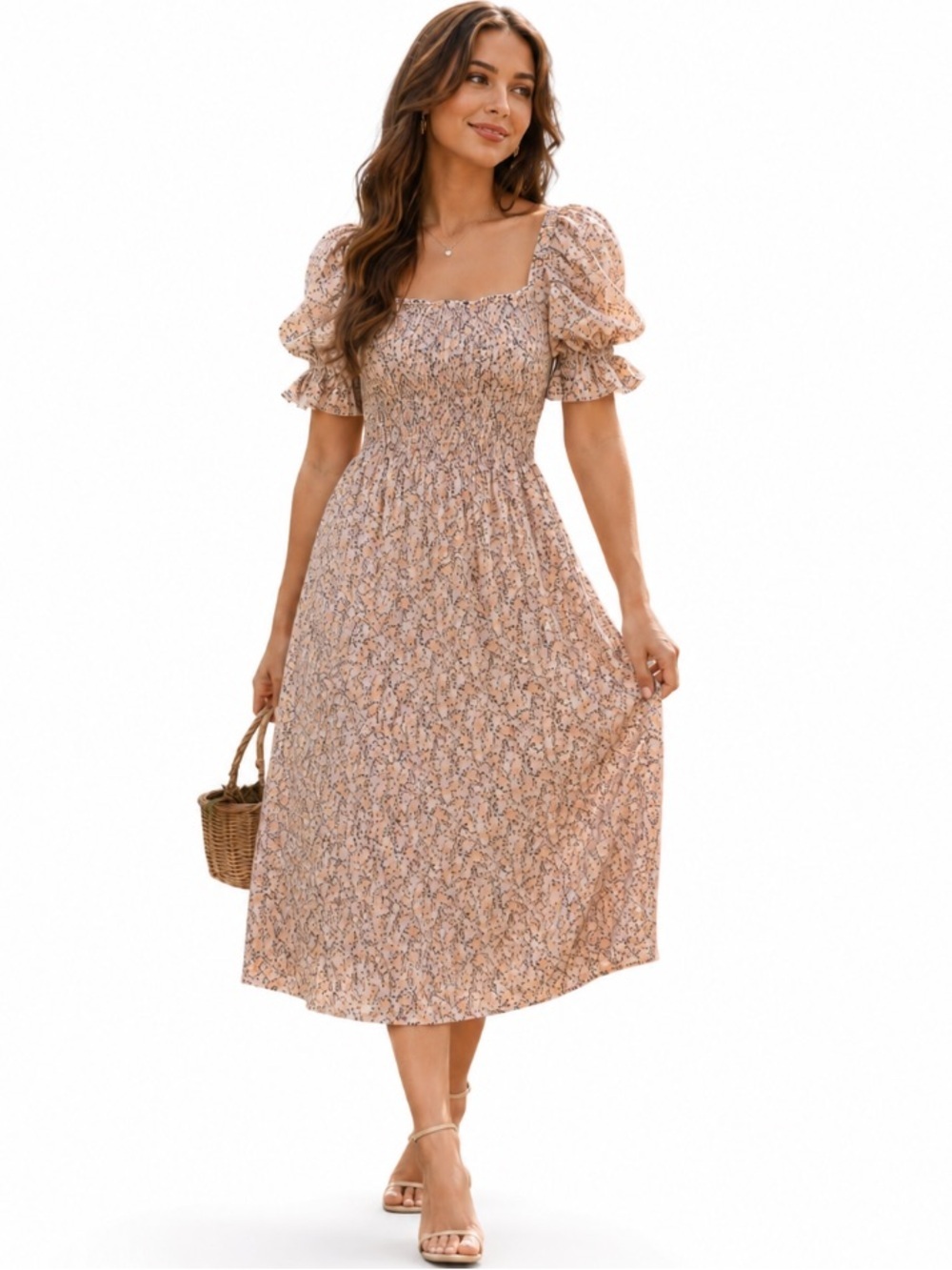 Ann Taylor Tan Multicolor Floral Puff Sleeve Prairie Milkmaid Midi Dress Size S